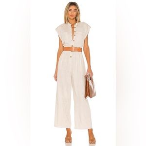 MinkPink x Revolve Sanford Beige Linen Jumpsuit Sz M